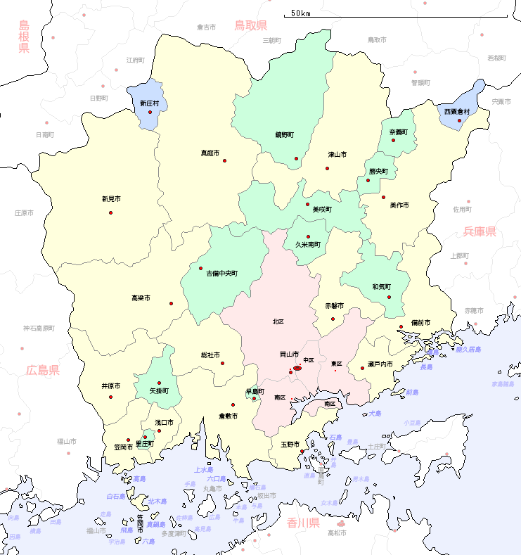 岡山県の地図（市区町村区分図）